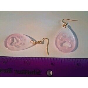 White Pink Paw Print 1.25 Inch Dangle Resin Earrings Gold Pt Finding Handmade